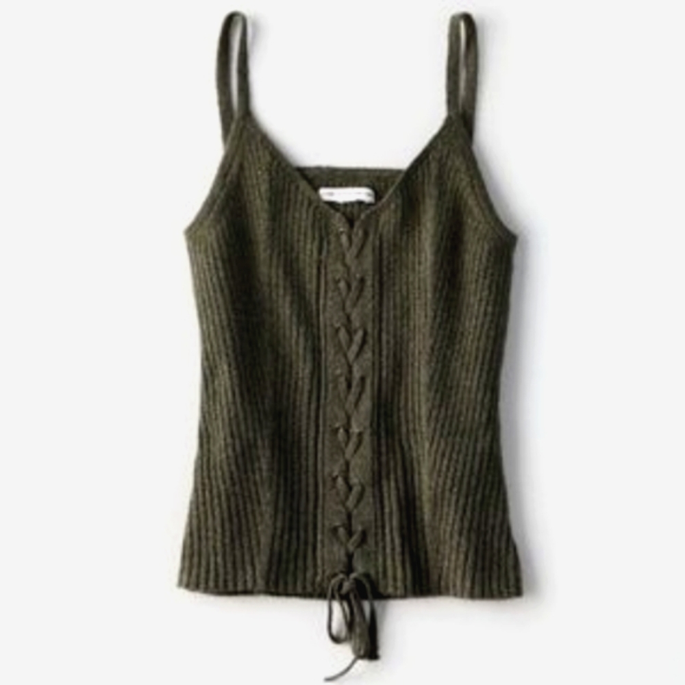 American Eagle Outfitters Green Ribbed Lace-Up Sweater Cami